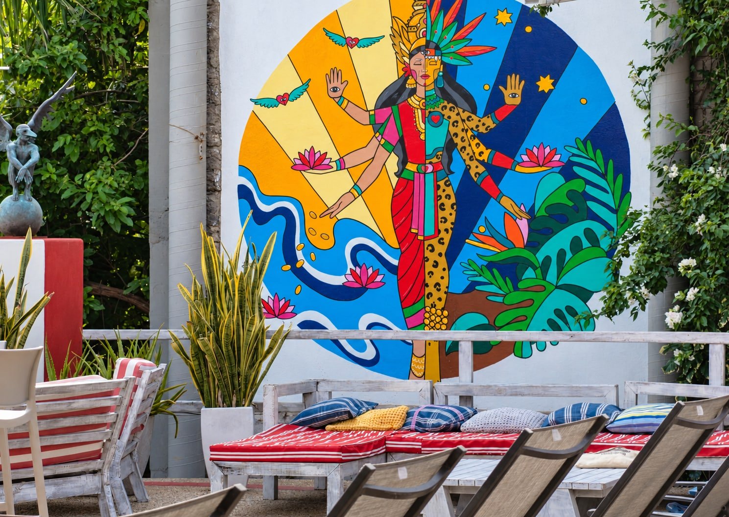 Colourful mural and terrace